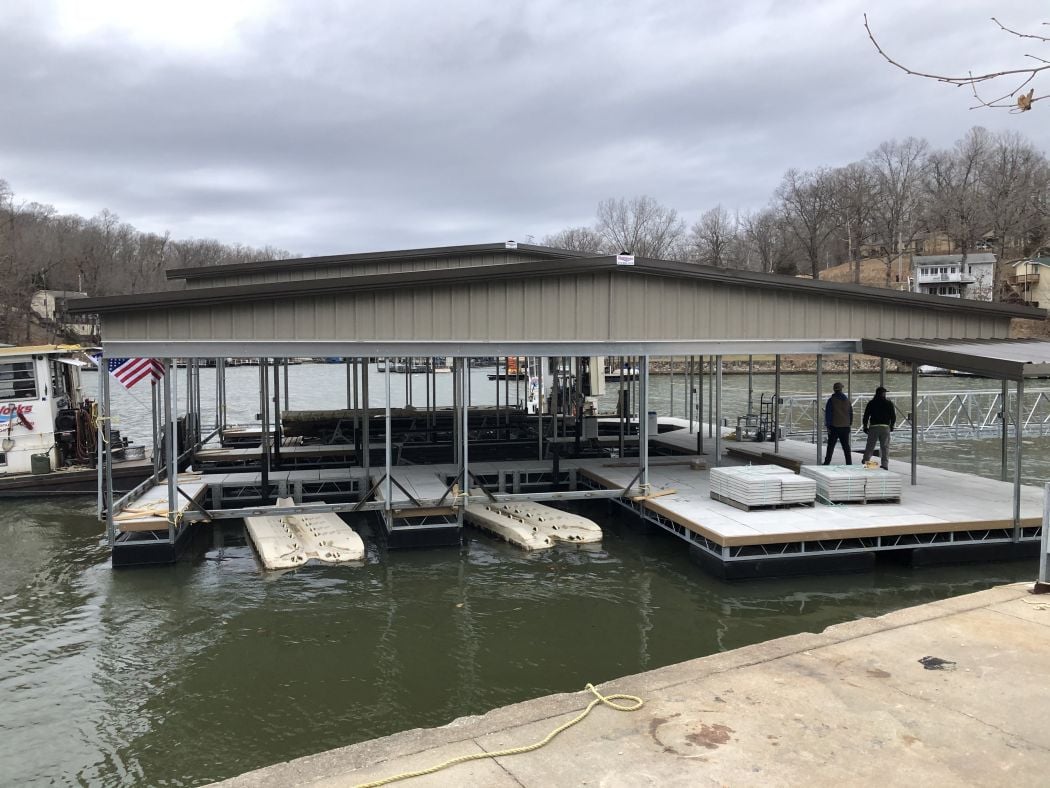 Custom 2 Slip Boat Dock with Roof Skirting and Swim Deck